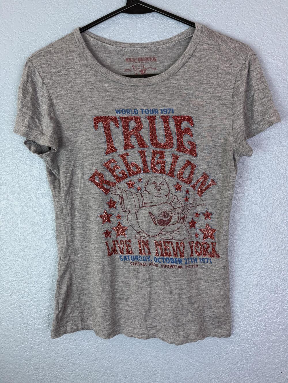 True Religion Shirt Womens Medium Gray World Tour 1971 NYC Rhinestone Tee USA